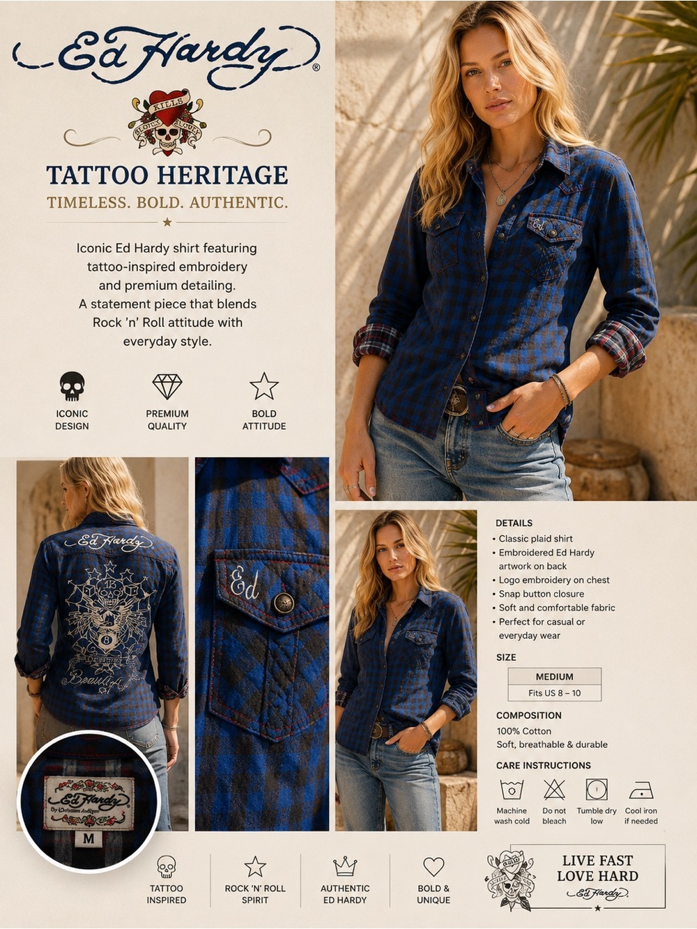 M - Ed Hardy - Navy and Red Plaid Western Shirt Embroidered